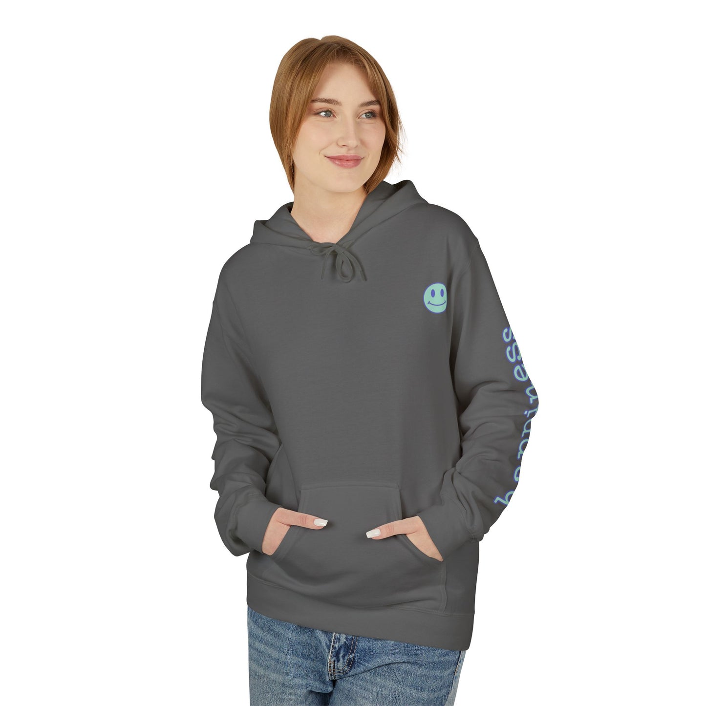 Teal/Purple Smiley Face Hoodie and 'Happiness' Sleeve Design