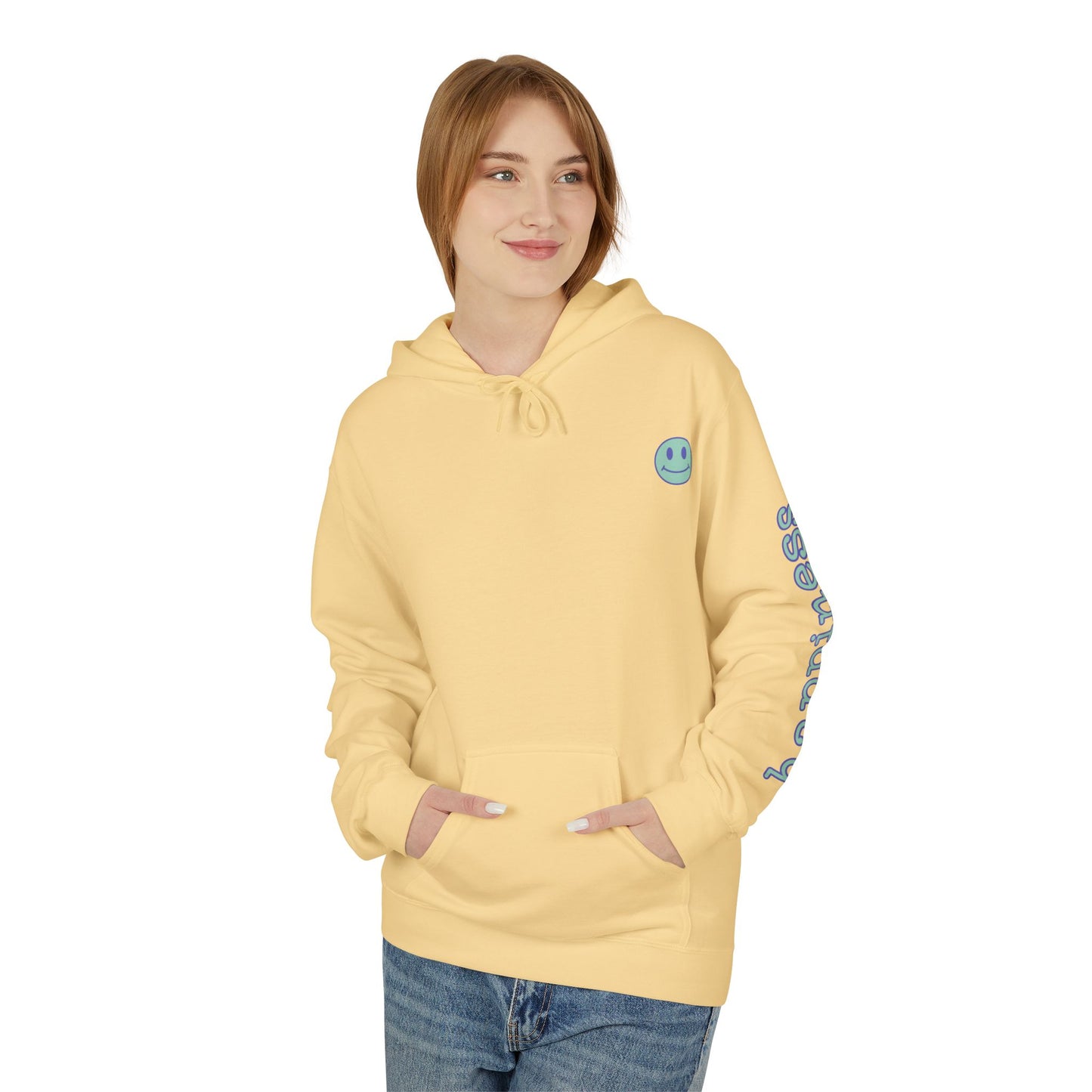 Teal/Purple Smiley Face Hoodie and 'Happiness' Sleeve Design