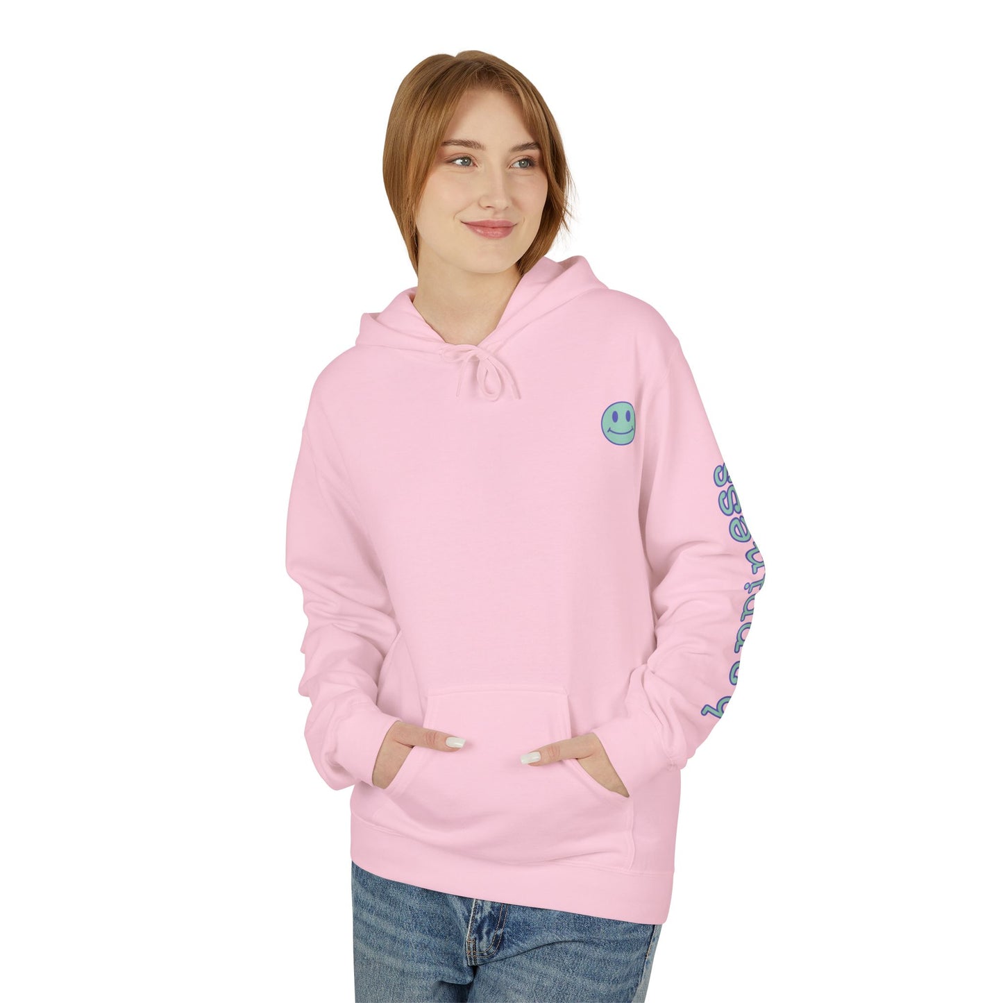 Teal/Purple Smiley Face Hoodie and 'Happiness' Sleeve Design