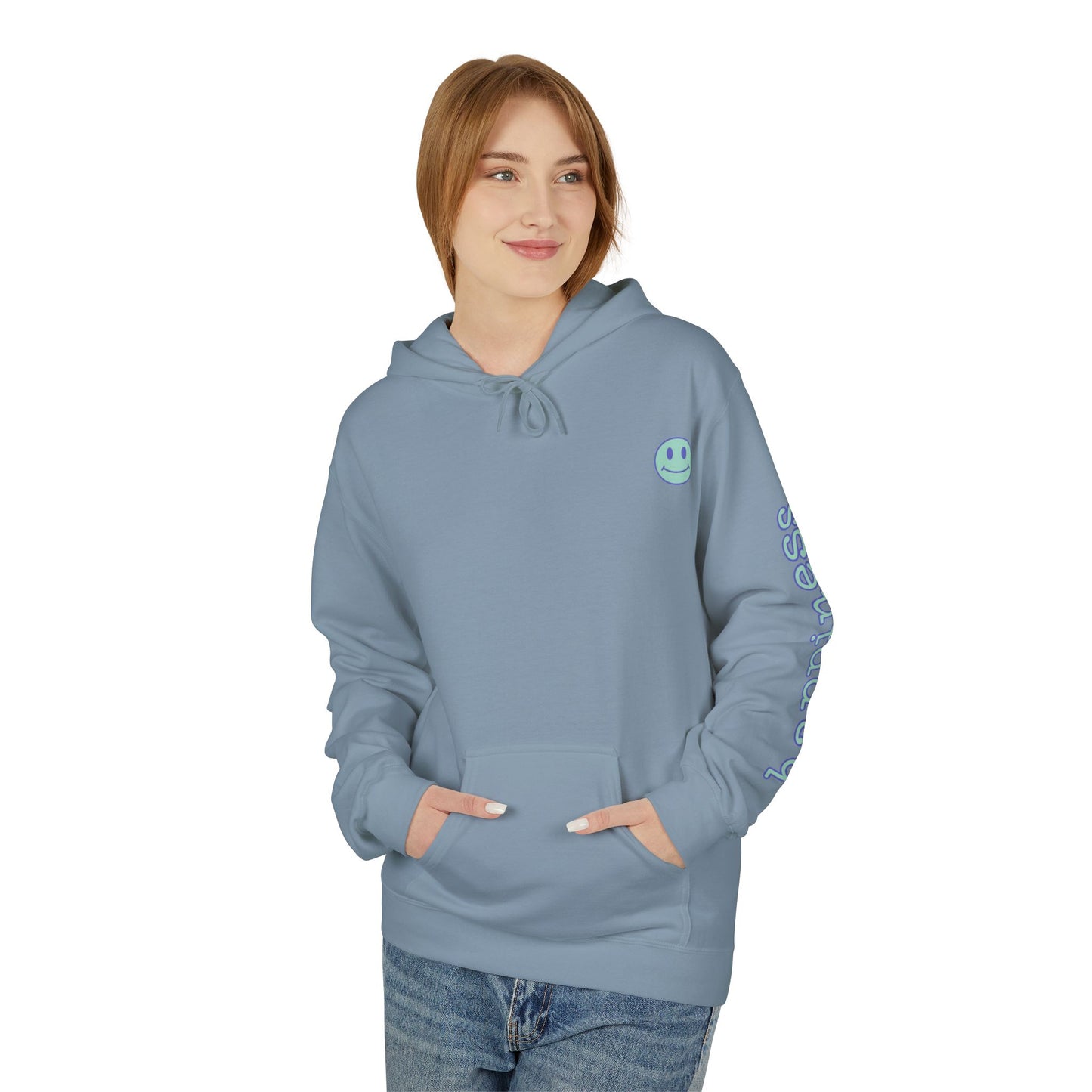 Teal/Purple Smiley Face Hoodie and 'Happiness' Sleeve Design