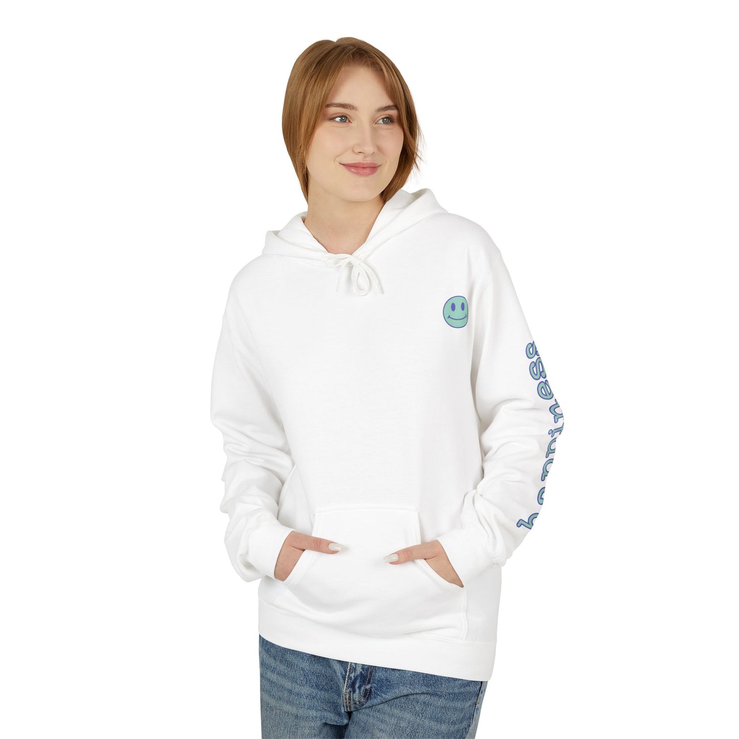 Teal/Purple Smiley Face Hoodie and 'Happiness' Sleeve Design