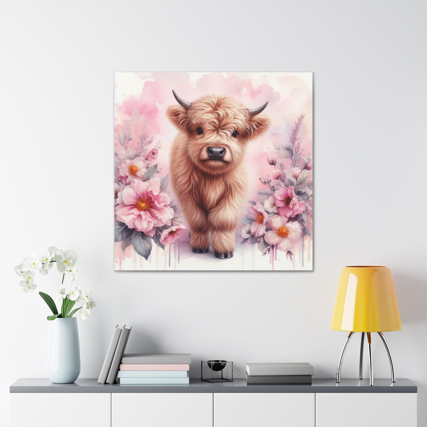Canvas Print - Highland Cow with Pink Flowers