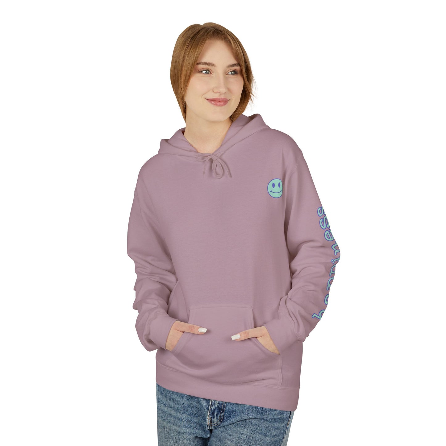 Teal/Purple Smiley Face Hoodie and 'Happiness' Sleeve Design