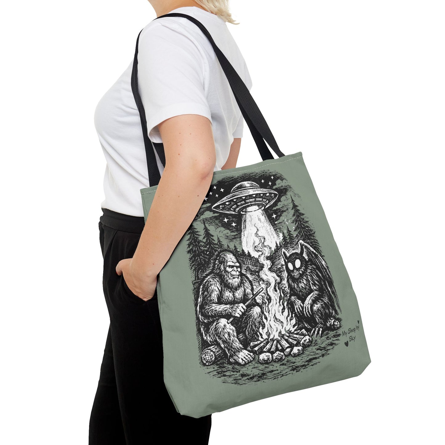 Cryptid Campfire Tote Bag — Bigfoot & Mothman Graphic Tote