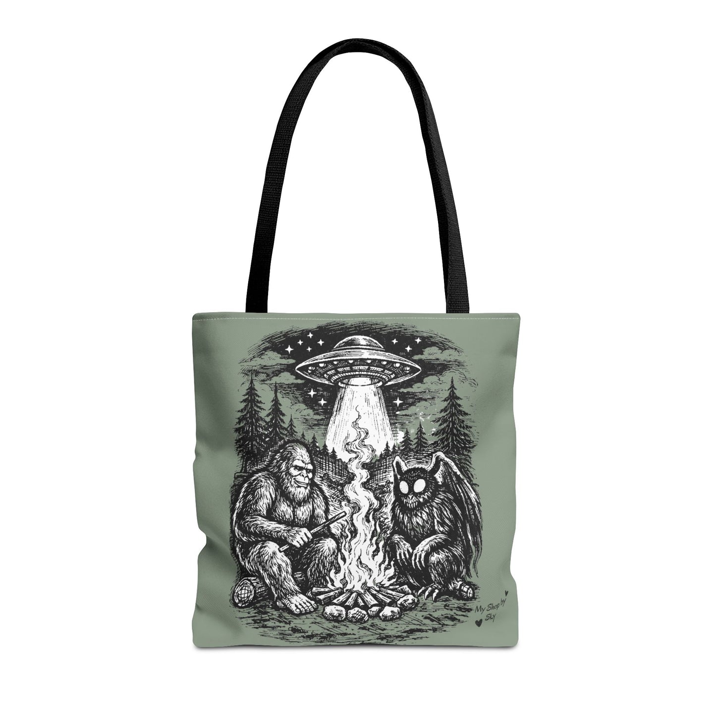 Cryptid Campfire Tote Bag — Bigfoot & Mothman Graphic Tote
