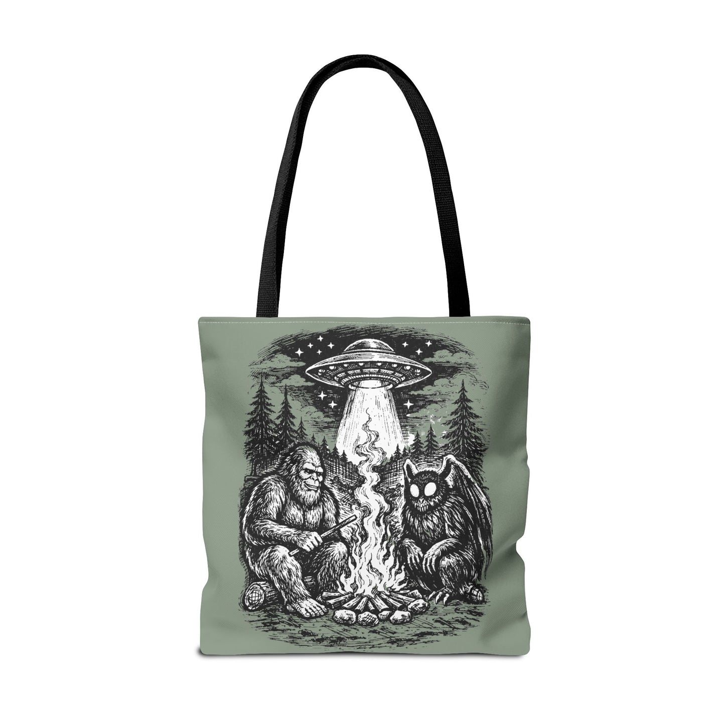 Cryptid Campfire Tote Bag — Bigfoot & Mothman Graphic Tote