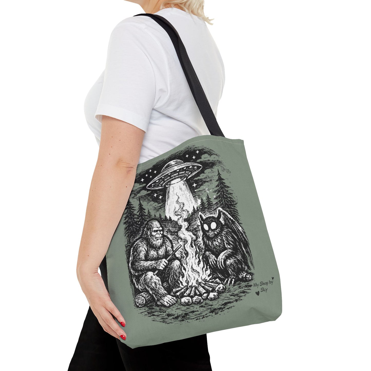 Cryptid Campfire Tote Bag — Bigfoot & Mothman Graphic Tote