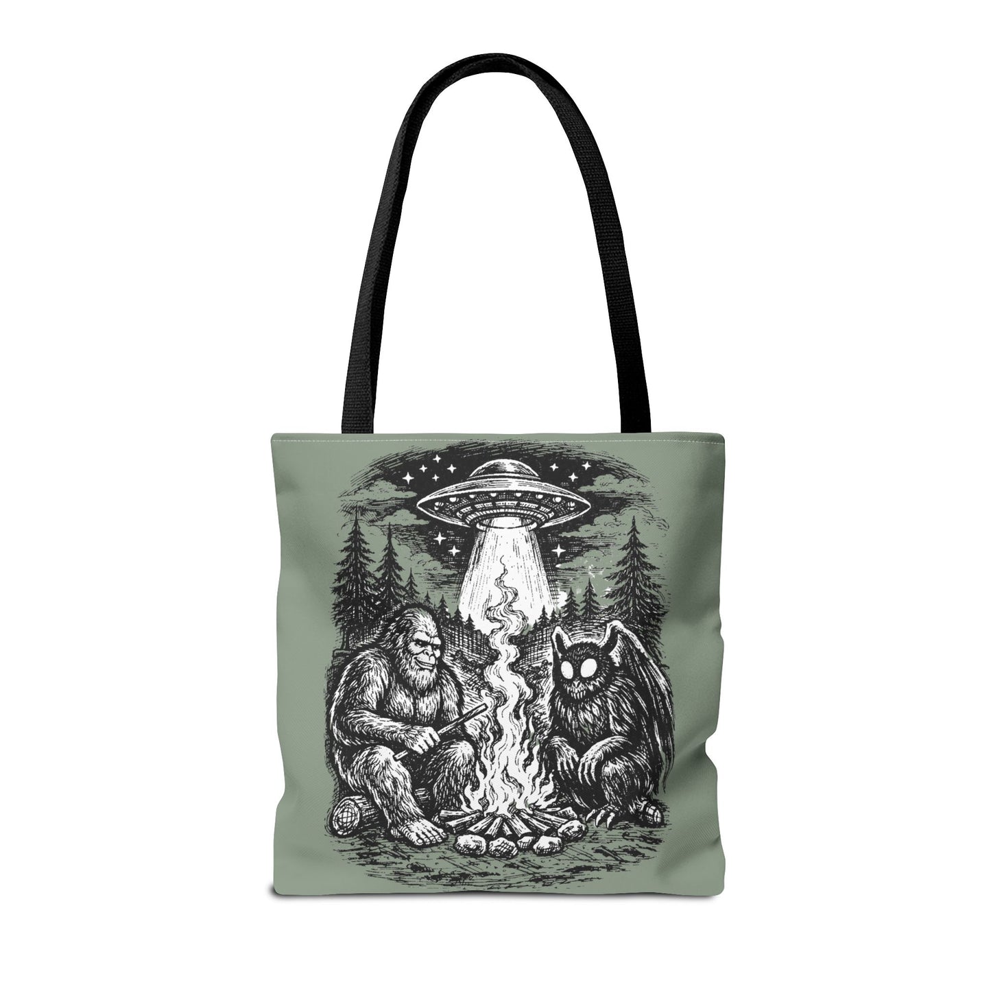 Cryptid Campfire Tote Bag — Bigfoot & Mothman Graphic Tote