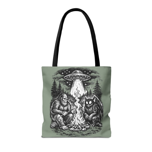 Cryptid Campfire Tote Bag — Bigfoot & Mothman Graphic Tote