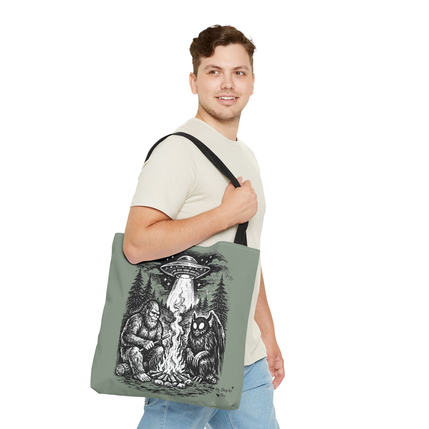 Cryptid Campfire Tote Bag — Bigfoot & Mothman Graphic Tote