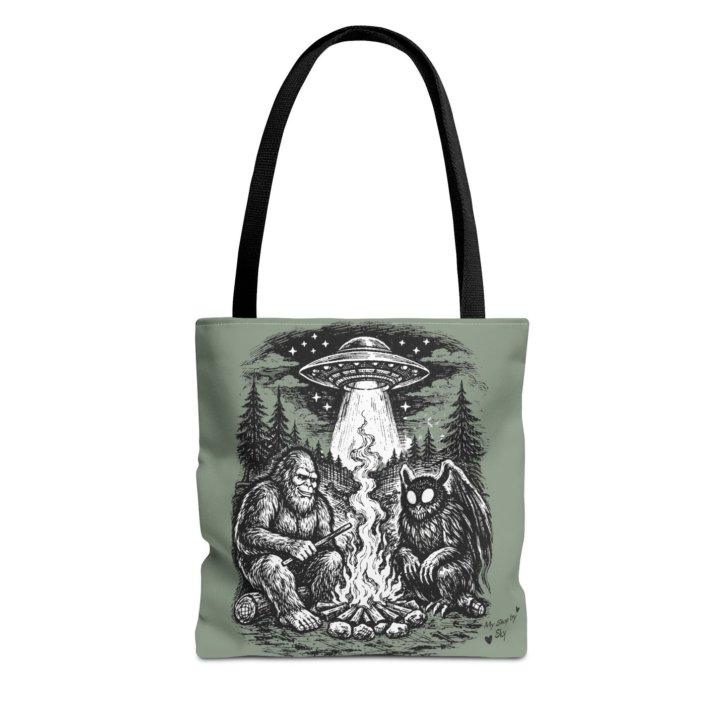Cryptid Campfire Tote Bag — Bigfoot & Mothman Graphic Tote