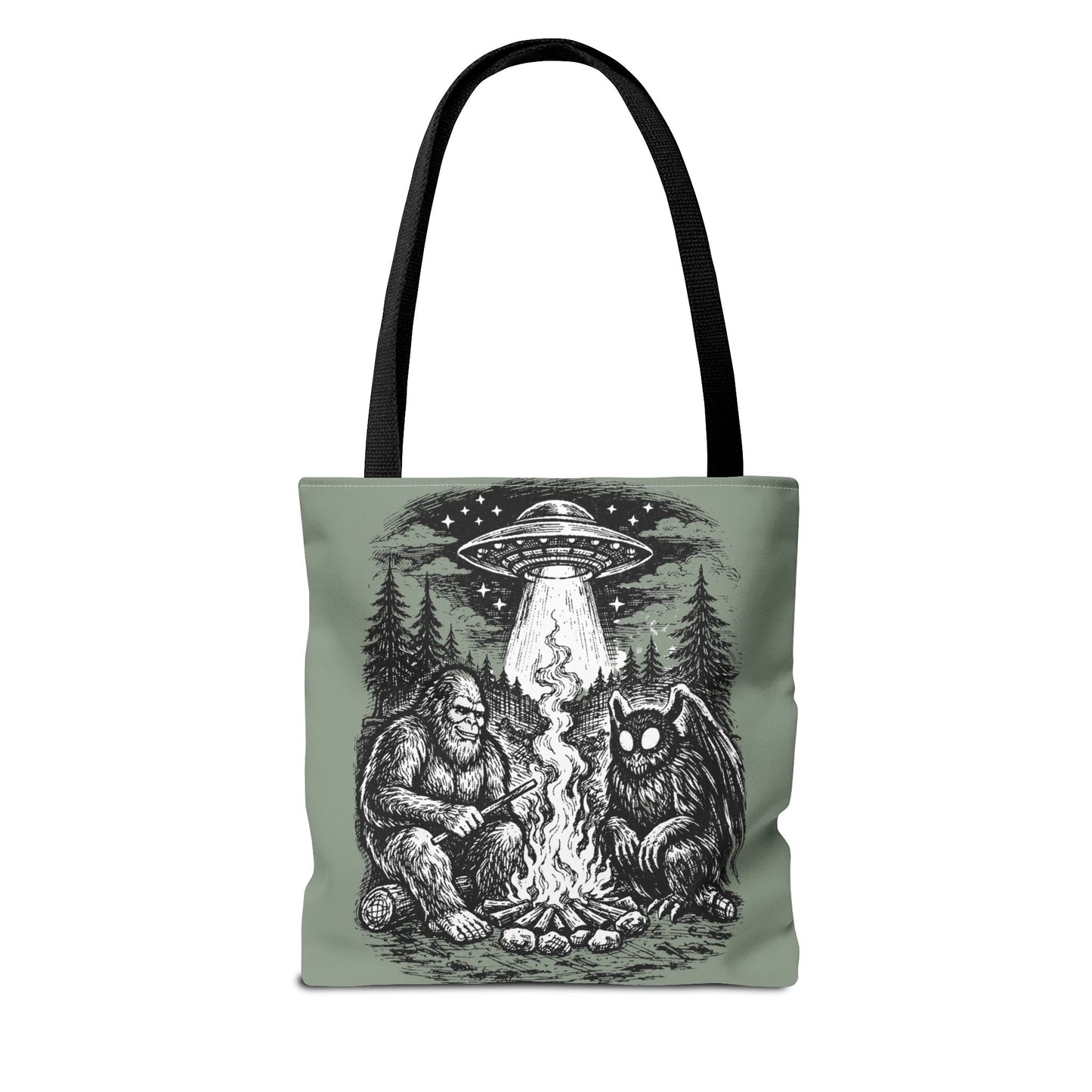 Cryptid Campfire Tote Bag — Bigfoot & Mothman Graphic Tote