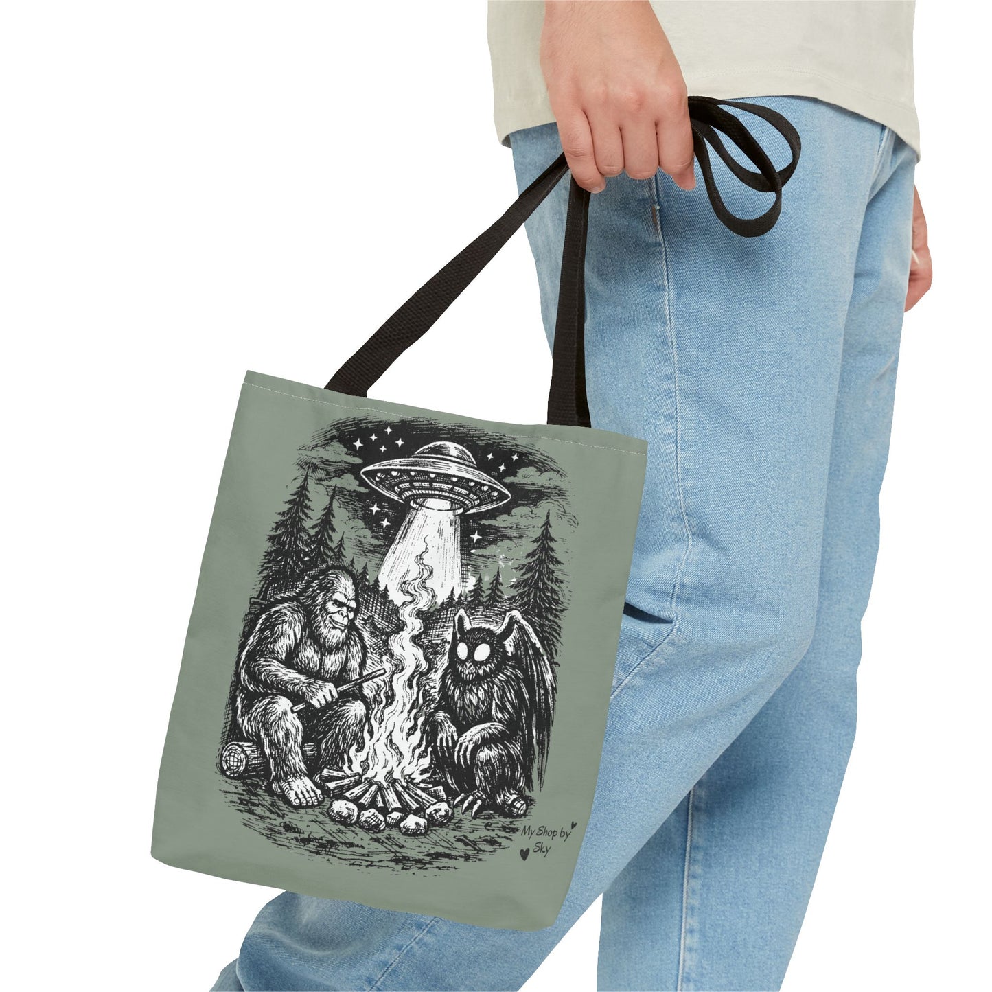 Cryptid Campfire Tote Bag — Bigfoot & Mothman Graphic Tote