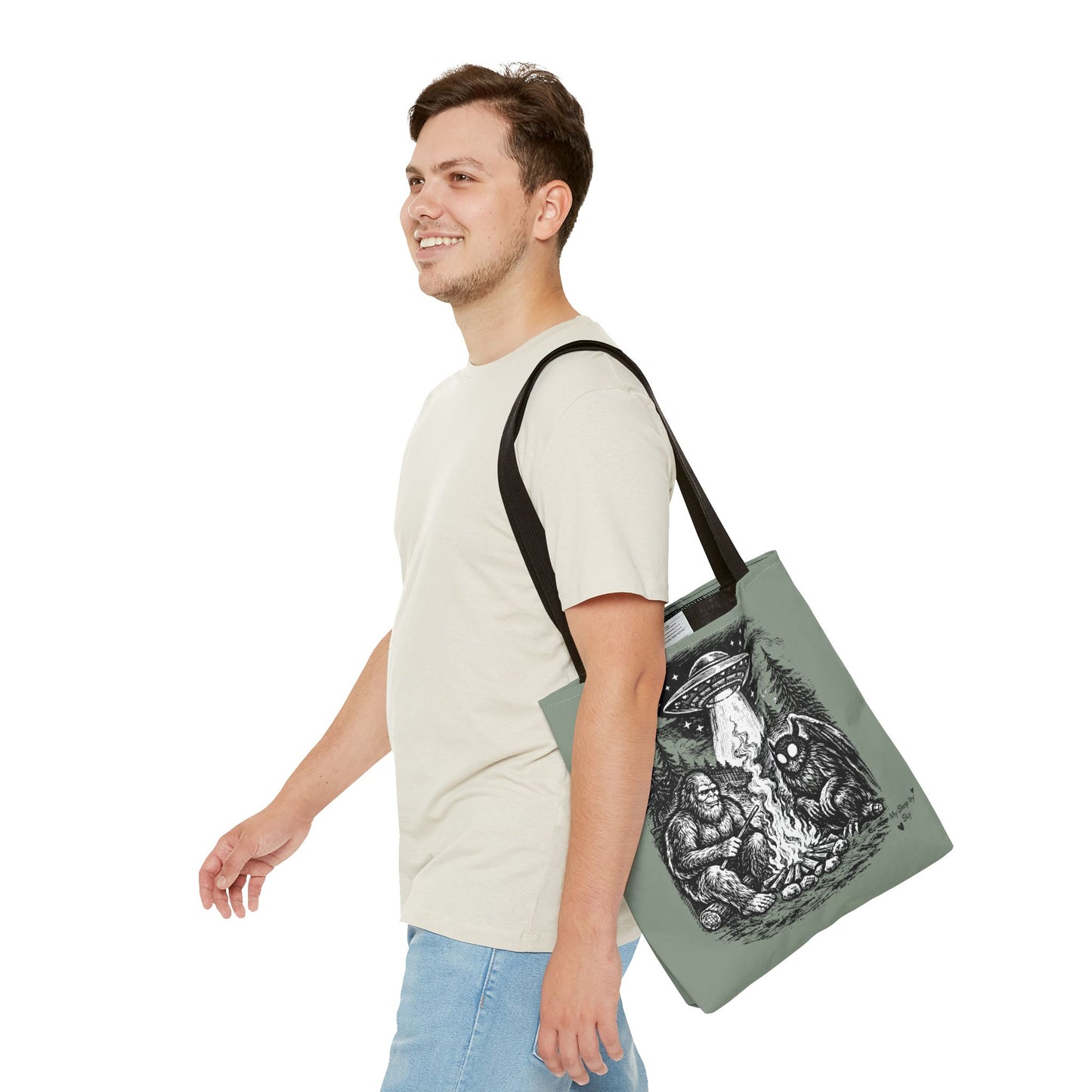 Cryptid Campfire Tote Bag — Bigfoot & Mothman Graphic Tote